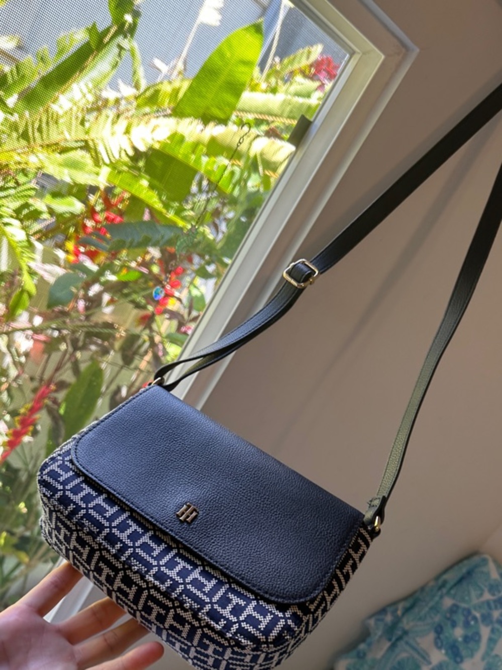 Tommy Hilfiger Navy Patterned Crossbody Bag with Leather Flap